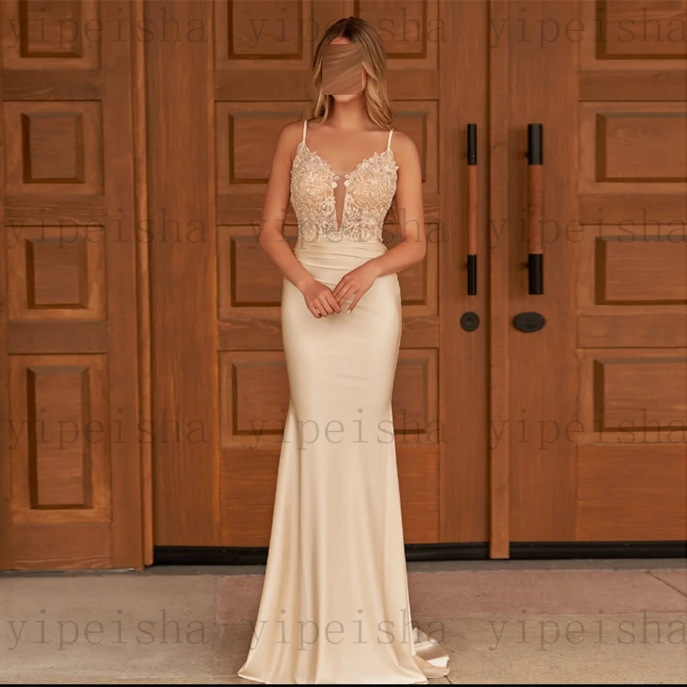 Customized Deep V-Neck Evening Dresses Backless Lace Appliques Sleeveless mermaid Prom Gown Modern spaghetti strap Long Dress