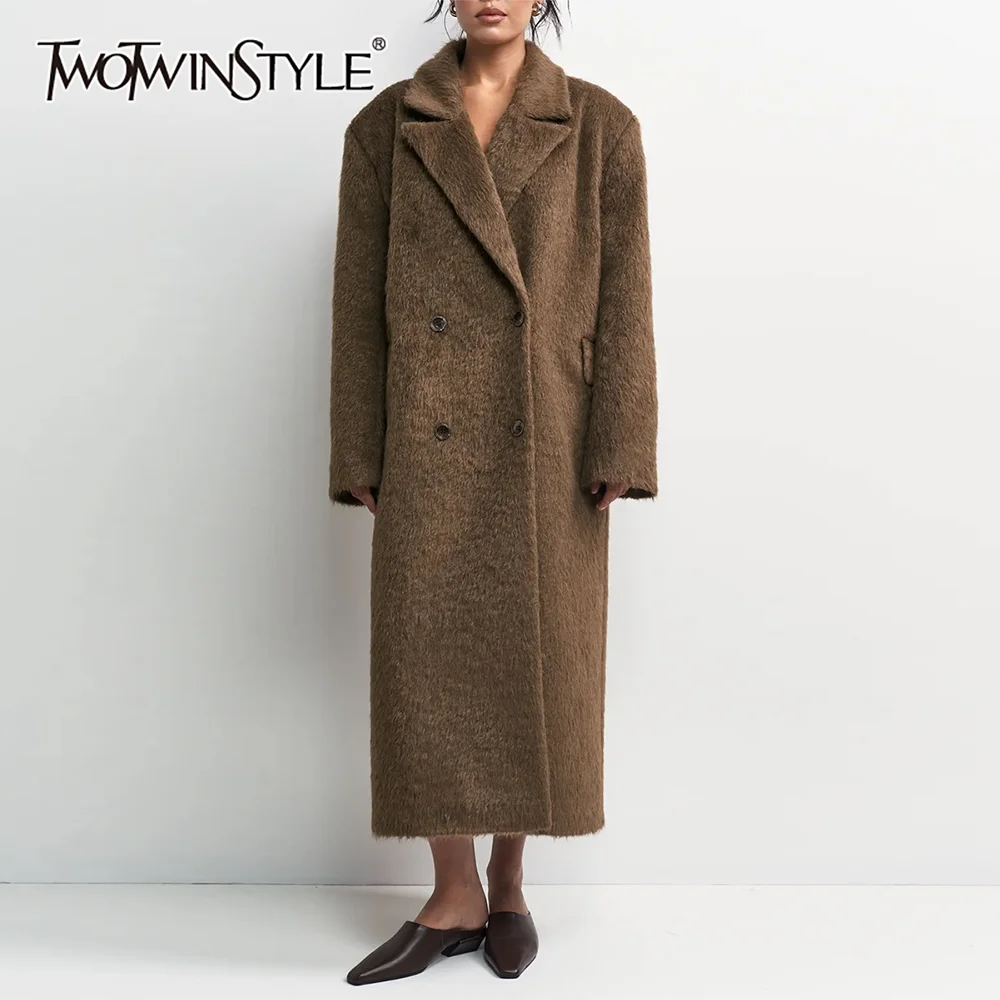 TWOTWINSTYLE Fashion Double Breasted Lapel Long Woolen Coat for Women Oversized Loose Maxi Teddy Back Split for Autumn Winter