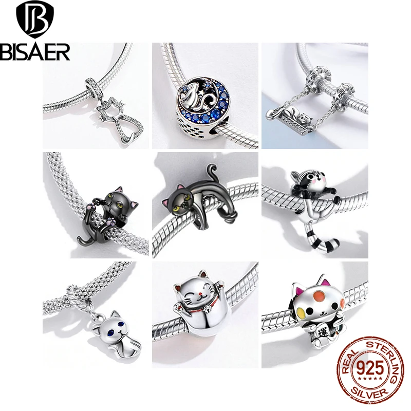 BISAER 925 Sterling Silver Charms Sleeping Cat Lazy Moon Story Pussy Animal Beads Pendant Fit Original Bracelet DIY Fine Jewelry