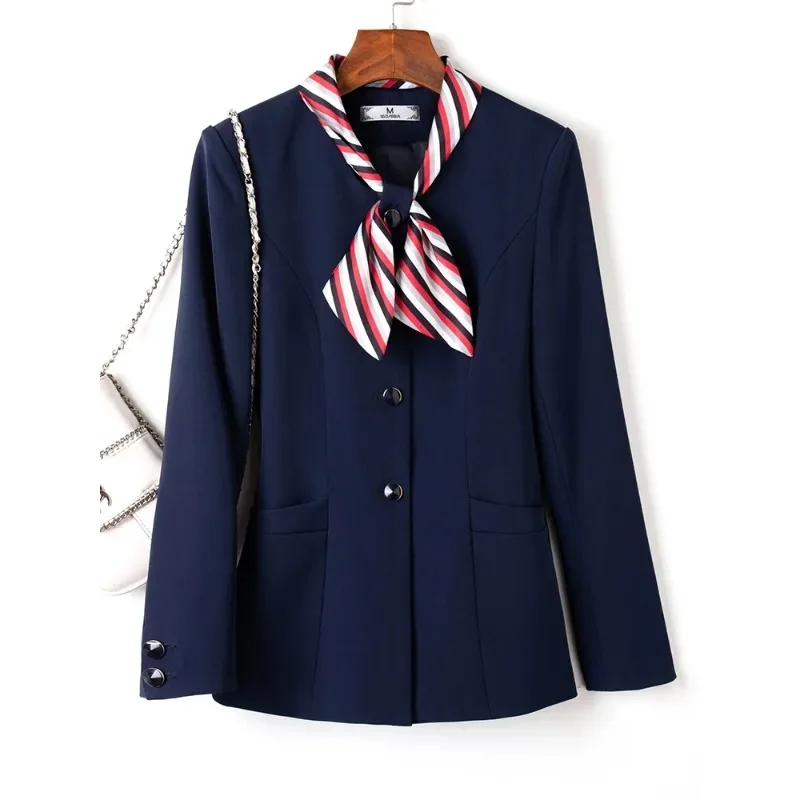 Elegant Office Ladies Work Wear Blazer Women Red Black Navy Solid Long Sleeve Formal Jacket With Bow