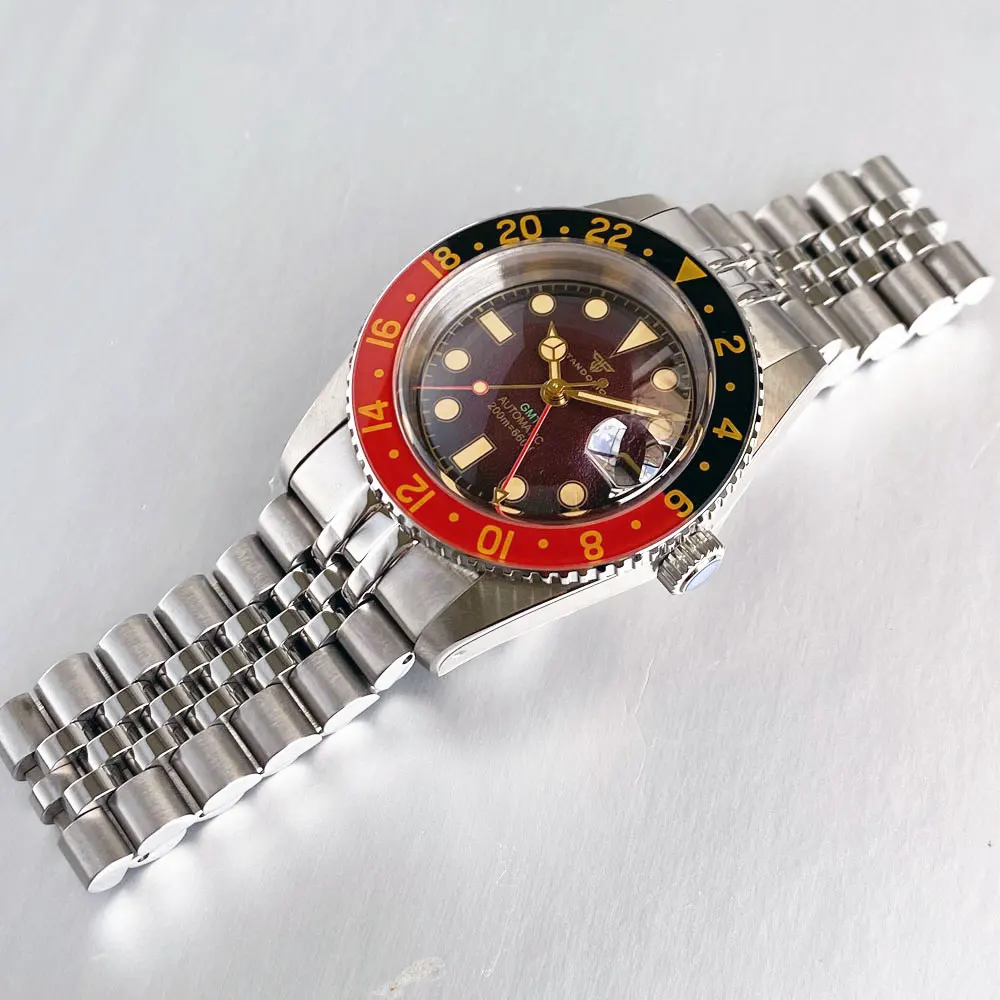 NH34A التلقائي ساعة رجالي ريترو ساعات آلية GMT الرياح الذاتية 200 متر مقاوم للماء فقاعة الياقوت 38 مللي متر 316L سوار مضيئة