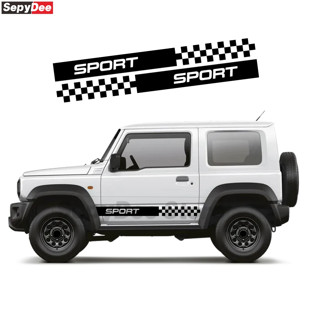 2Pcs Car Door Side Skirt Stickers for Suzuki Jimny Checkered Graphic Racing Sport Stripes Vinyl Film Decal Car Accessories