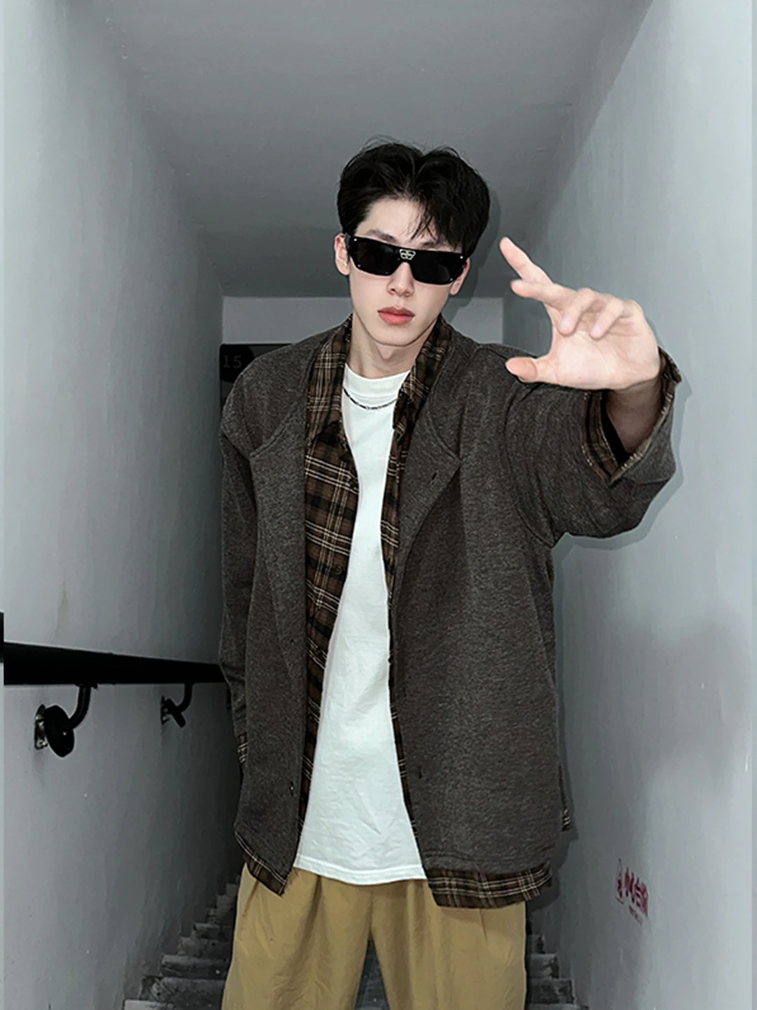 

Мужская клетчатая верхняя одежда Jaet, искусственное двухсекционное шерстяное пальто, повседневное пальто, весенне-осенний сезон, модное и хаоме