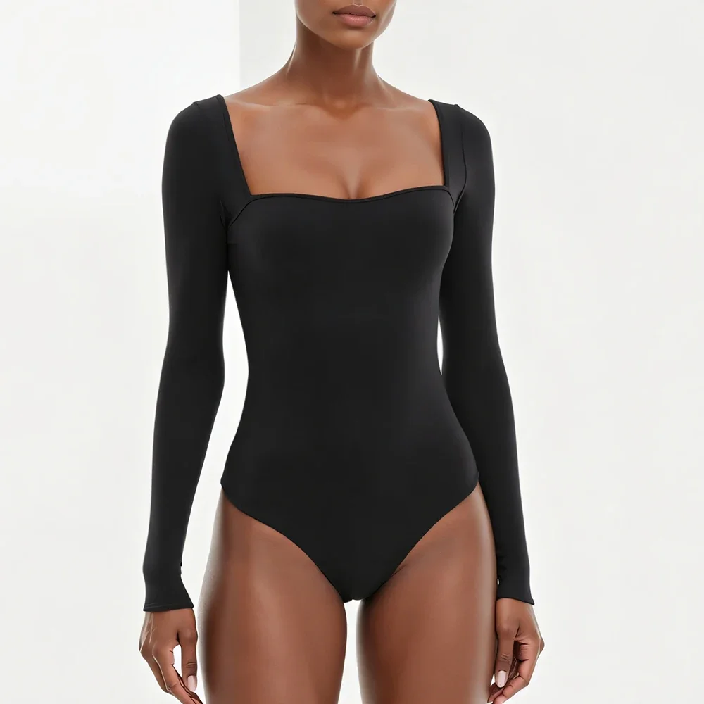 جمبسوت نسائي مناسب لجميع المواسم، أساسيات نحيفة بدون ظهر، لون سادة، أكمام طويلة، رقبة مربعة، جمبسوت كاجوال قصير