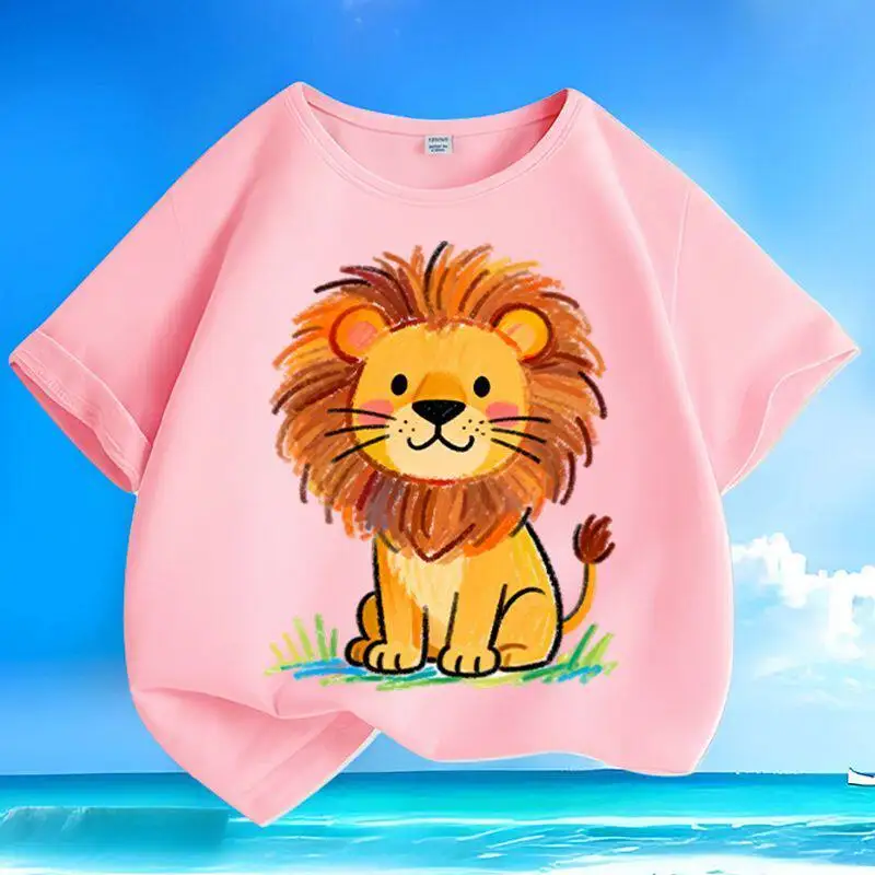 New Summer Graffiti Cute Lion Pure Cotton Printed Children's Round Neck T-shirt Loose Casual Short Sleeved Parent-child Top view 6