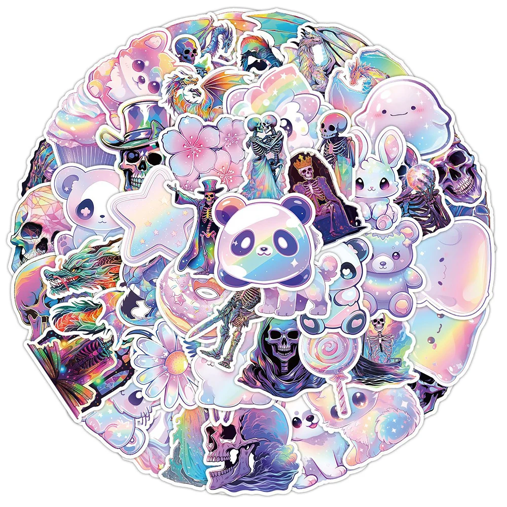 Holographic Laser Skull Cartoon Adesivos, decalques legais, laptop, telefone, bagagem, decoração da mala, brinquedos para crianças, 10 pcs, 30 pcs, 50pcs