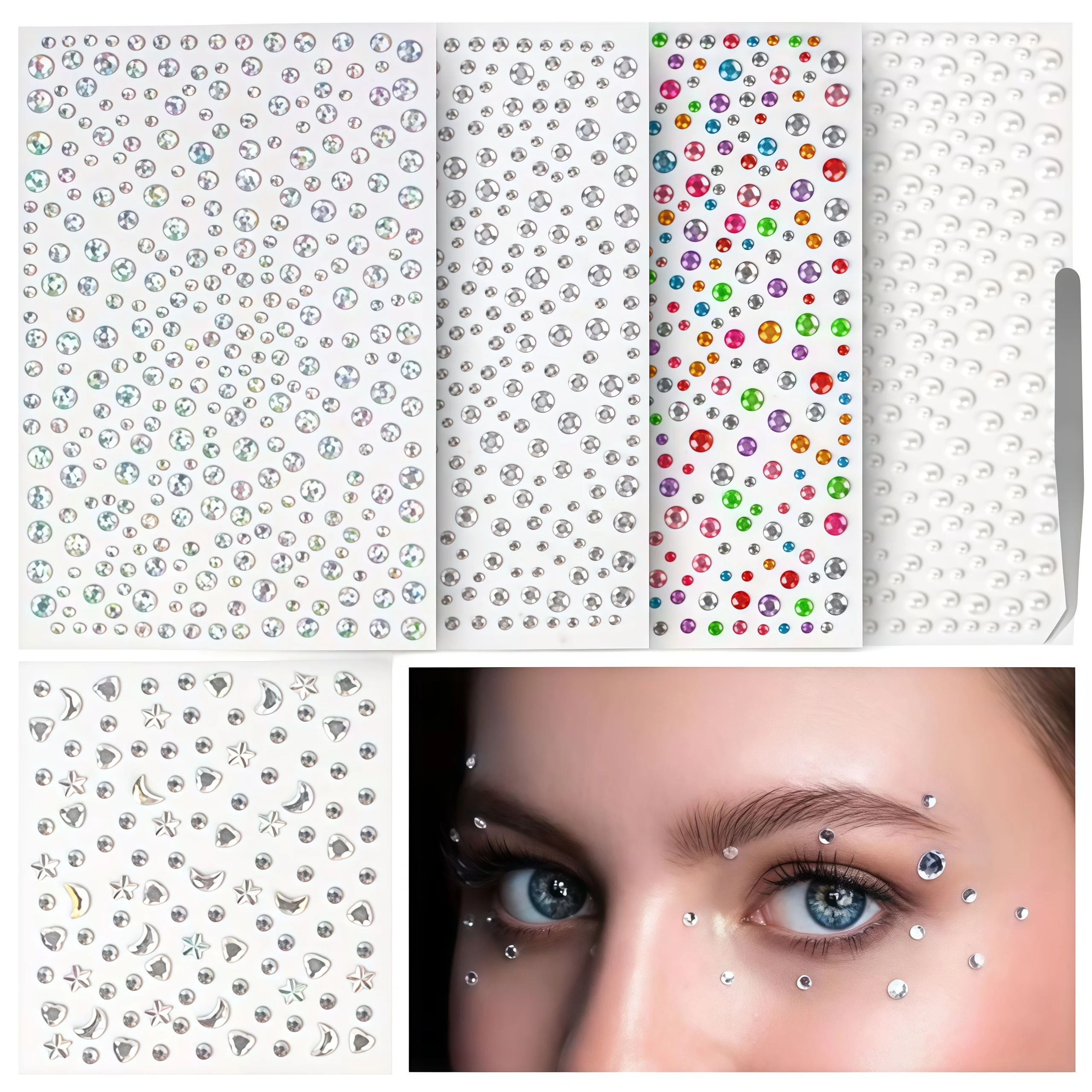 Self Adhesive Face Gems Stickers Multi‑Shape Rhinestone Eye Body Jewels Stick On Crystals For Festival Party Makeup With Tweezer