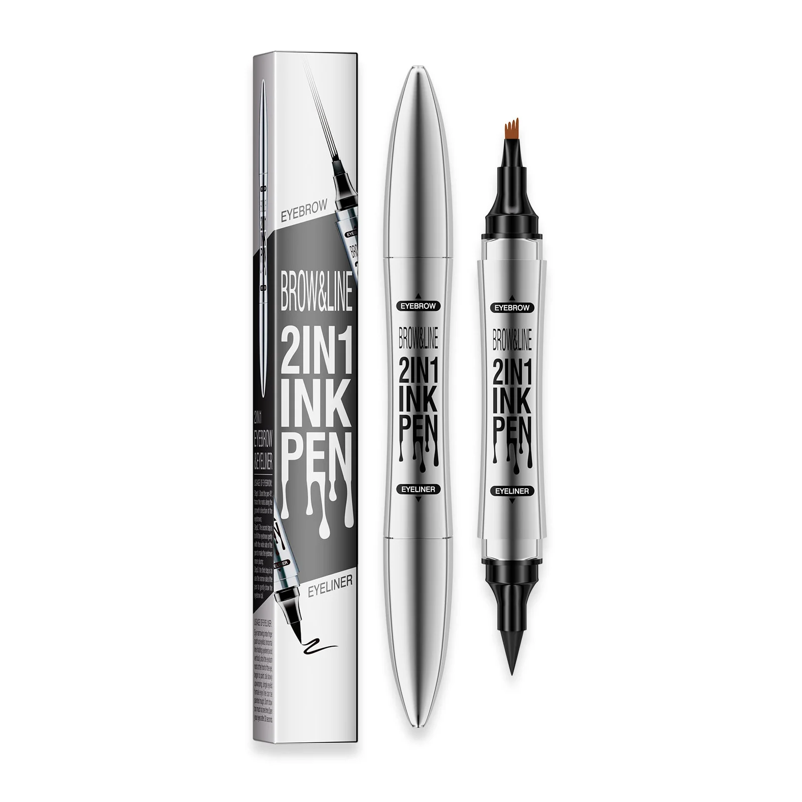 防水の両端液体アイブロウペンシル。湾曲した先端とフォーク型の端が特徴で、長持ちする鮮やかな色と立体的な眉を実現します。