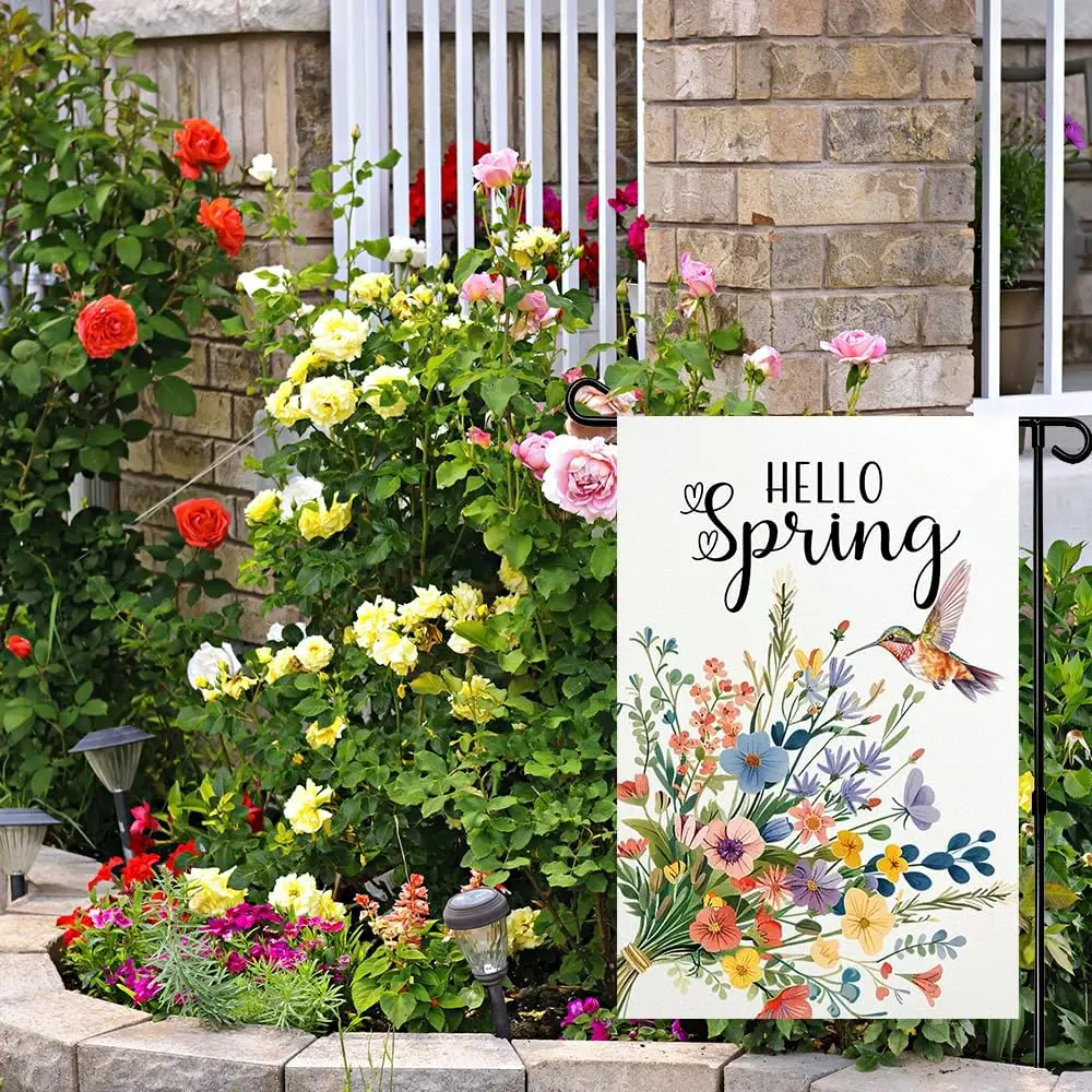Spring Floral Garden Flag 12x18 Inch Double Sided Small Seasonal Flag for Outside Hello Spring Hummingbird Flower Yard Flag( WWP