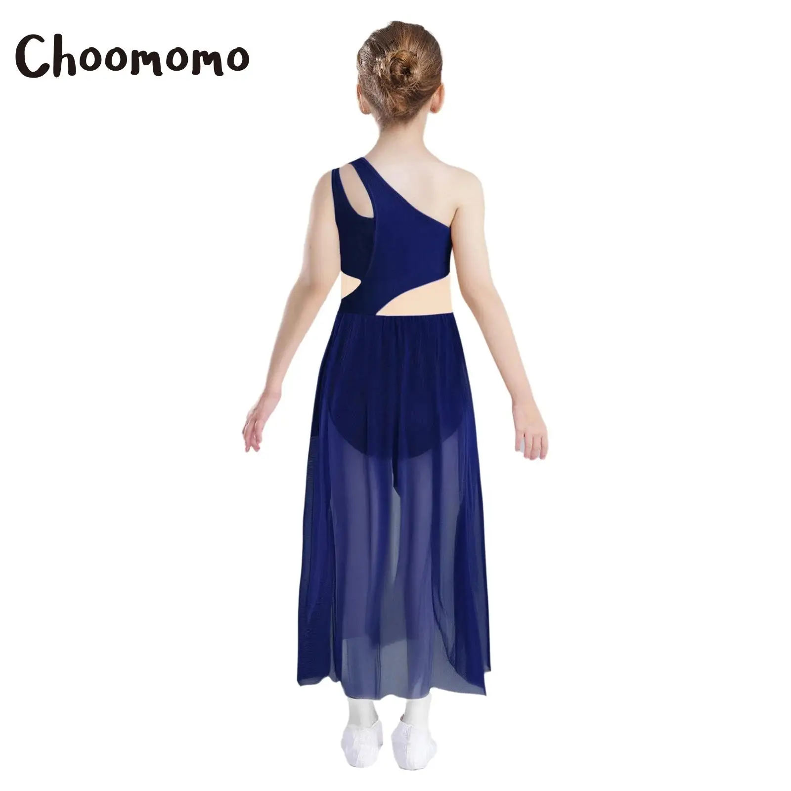 

Girls Lyrical Dance Dress One Shoulder Sleeveless Rhinestones Mesh Split Gymnastics Ballet Skating Leotard Dress Performance
