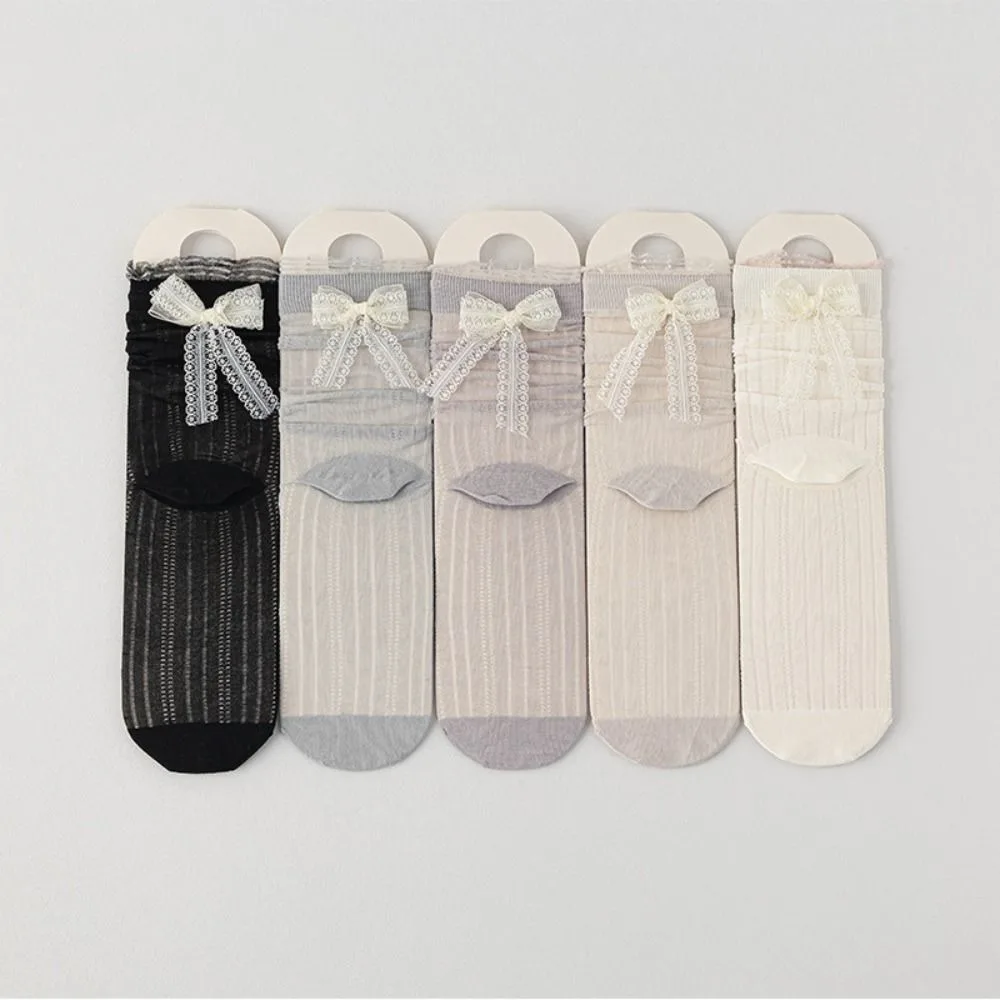 3Pairs Cute Ruffle Mesh Bowknot Socks Ballet Style Breathable Mid Tube Socks Lolita Female Hosiery Sweet Socks Women Lady