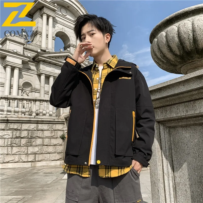 COMXZ 2025 Men Coat Spring Autumn Fashion Hooded Jacket Korean Handsome Versatile Letter Print Casual lightweight windbreaker