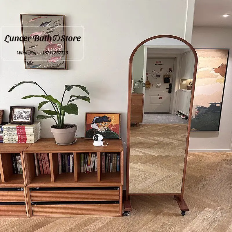 Mid-Century Full Length Mirror with Movable Magazine Rack, Cherry Wood Floor Standing Book Stand for Home B&B