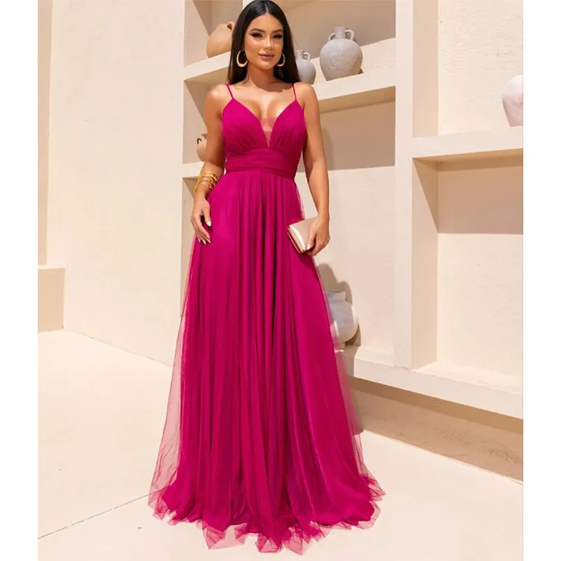 Elegant Long V-Neck Fuchsia Evening Dresses Spaghetti Straps A-Line Tulle Floor Length Backless Prom Dress for Women