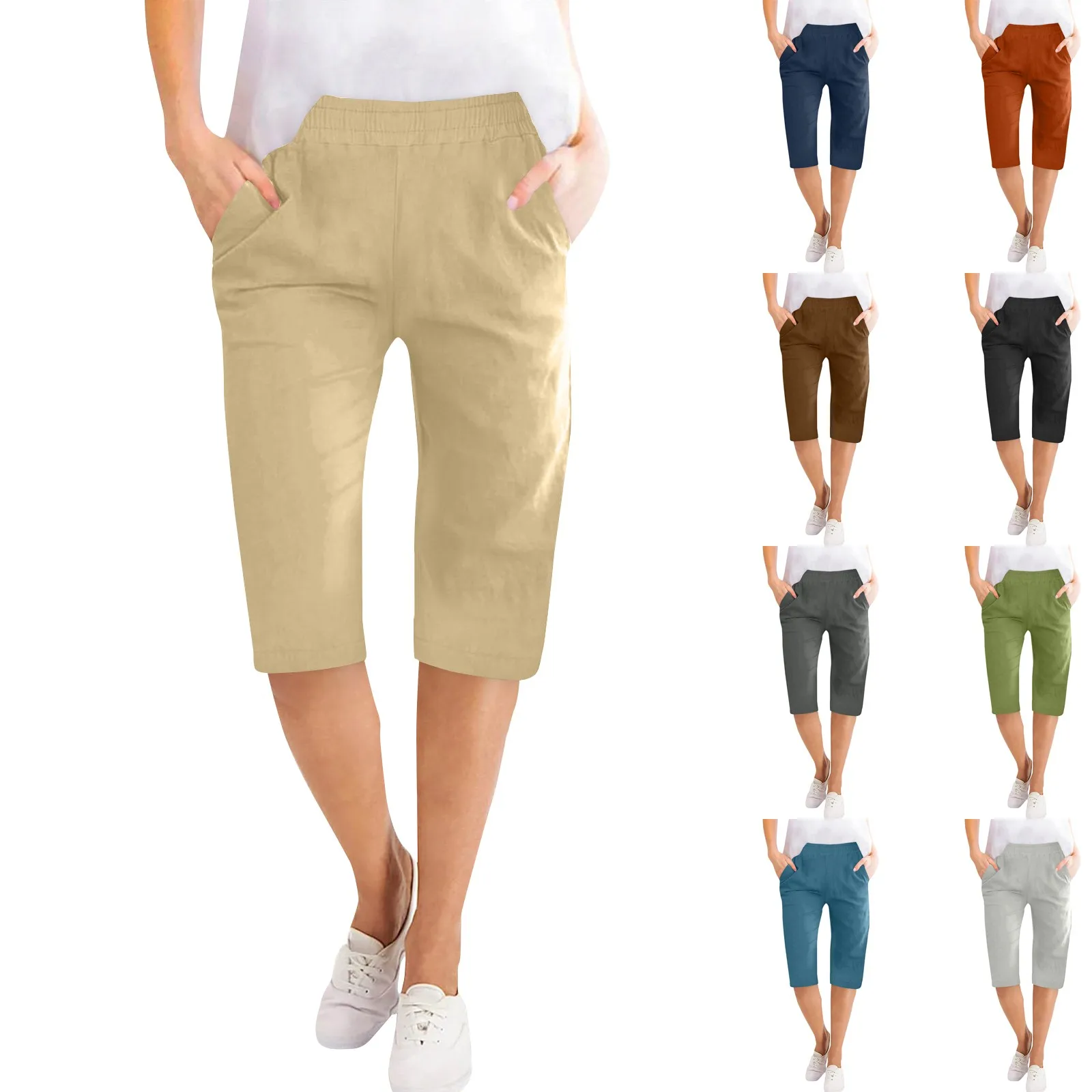 Womens Capris Cotton Linen Pants Drawstring Elastic Waist Pants Casual Cropped Trousers Daily Breeches Five Half Pants Pantalone