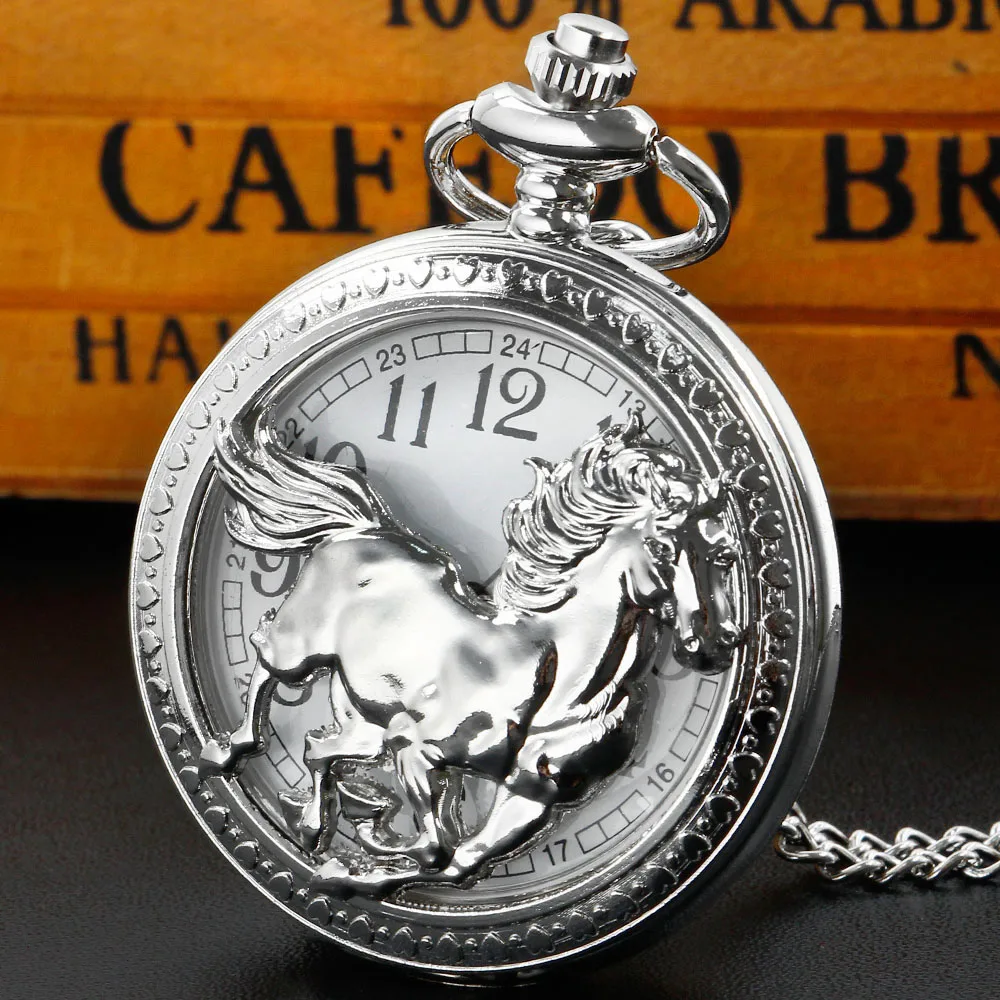 

Retro Silver Horse Hollow Quartz Necklace Pocket Watch With Chain Pendant Steampunk Vintage Gifts Clock for Women Men