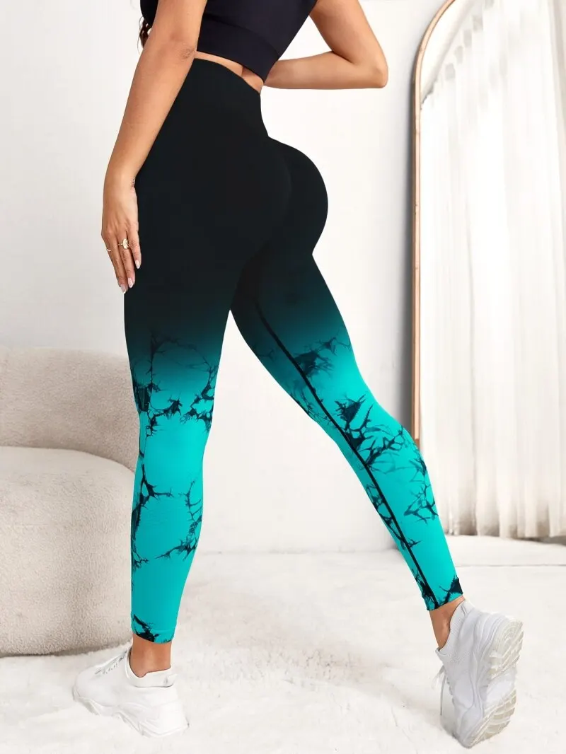 Celana Yoga legging tanpa kelim wanita, Legging lari pewarna ikat pinggang tinggi untuk olahraga Fitness Push Up