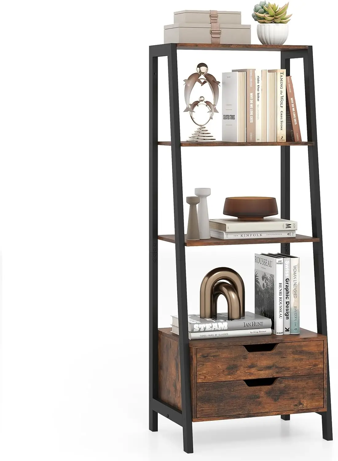 4-Tier Bookshelf with 2 Drawers, Modern Ladder Bookshelf w/Storage, Sturdy    Frame, Anti-toppling Devices, Display Stan