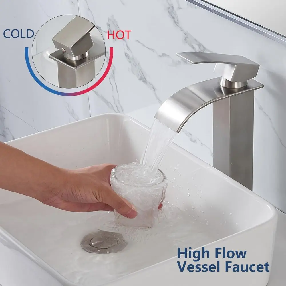 Grifo de lavabo de cascada de un solo mango alto de níquel cepillado con drenaje emergente para tocador de lavabo