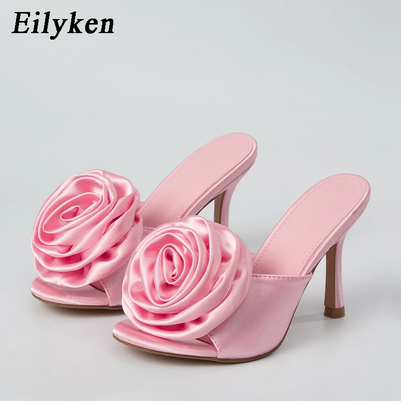 Eilyken Summer Fashion Silk Flower Peep Toe tacchi alti Slipper Slip On Mule Slides Women Party Sexy sandalo Shoes