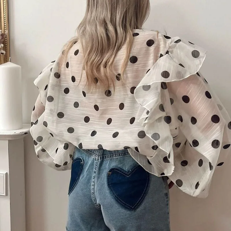 أنيقة الكلاسيكية الدانتيل متابعة القمم الملابس النسائية موضة فضفاضة البولكا نقطة طباعة المرأة بلوزة عادية التلبيب نفخة كم مكتب القمصان