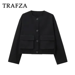 TRAFZA 2024 Autumn Winter Women Casual Solid Jackets Loose Single Breasted Coat Pockets O-Neck Warm Fashion Female Jackets