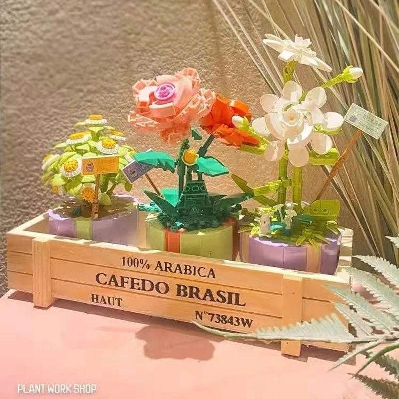 Rose Flower Building Block Brick Eternal Bouquet Prickly Pear Model Plant Decoration Educational Toy For Kids Birthday Gift