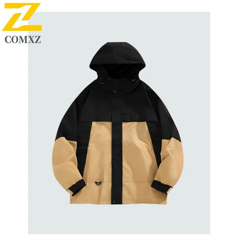 

COMXZ Men Jacket Hooded Outdoor Adventure Hiking Camping Climbing Lightweight Color Blocking Windbreaker Coat Autumn Loose Coat