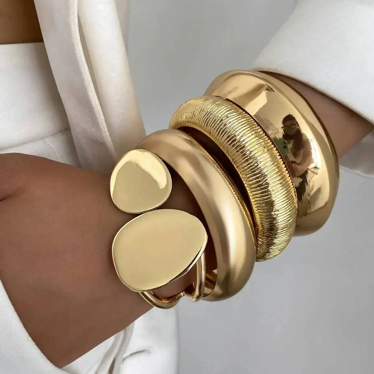 SHIXIN 4 Styles Glossy Irregular Geometry Wide Bracelet for Women Hip Hop Stackable Metal Spring Opening Bangle Party Jewelry