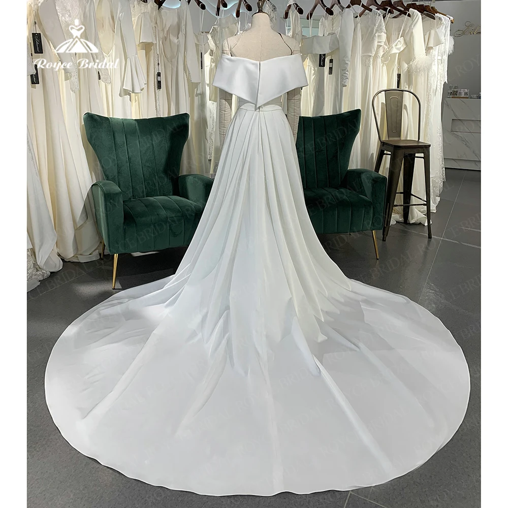 Simple Off The Shoulder Wedding Dress Pleat Sleeveless Satin A Line Vestido De Noiva Back Zipper Court Train Bridal Dress