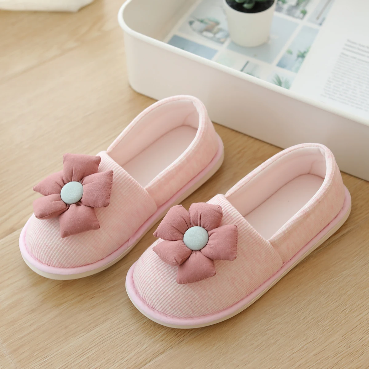 New Styles Soft Cotton Big Flower House Indoor Flats Slipper Four Seasons Slippers For Girl Women Cute Animal Shoes Pink Gray