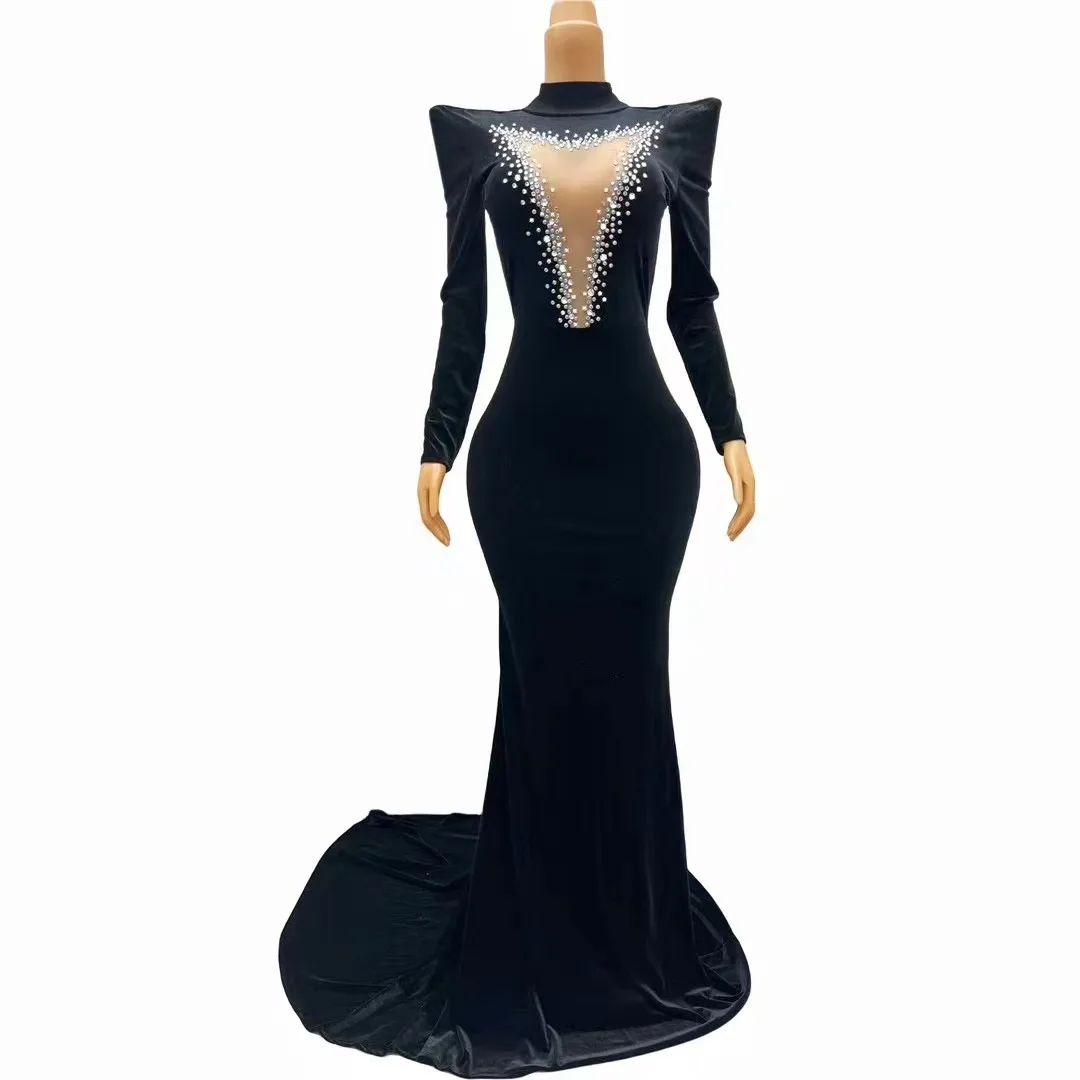 Sexy Stage Evening Black Velvet Silver Rhinestones Big Train Dress Crystals Outfit Nightclub Birthday Party Gowns Collections