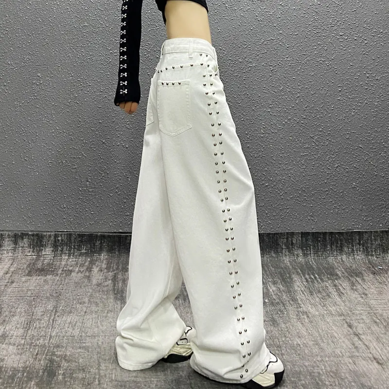 White Beaded Denim Jeans for Women High Rise Wide Leg Pants with Draped Straight Cut for Relaxed Spring Casual Fashion Looks