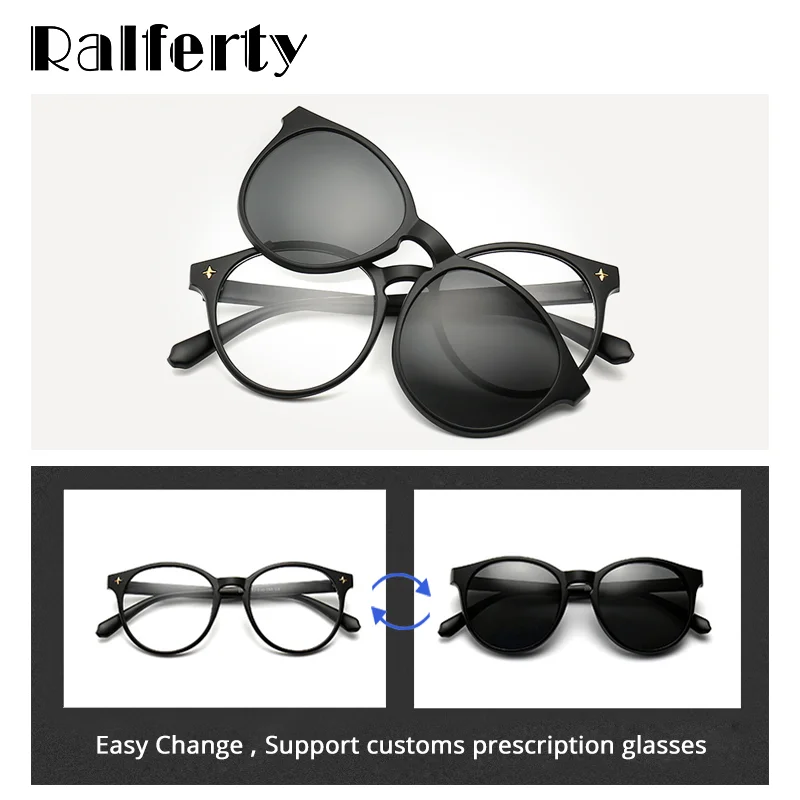 Ralferty 5 In 1 Magnetic Sunglasses Women Men Round Clips On Glasses Polarized UV400 Driving Anti-glare Sun Glasses Optic Frame
