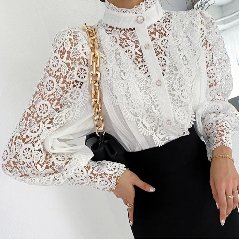

2026 Весенние женские кружевные элегантные рубашки с длинным рукавом, осенние однотонные повседневные свободные блузки, модные офисные женские топы с вырезами