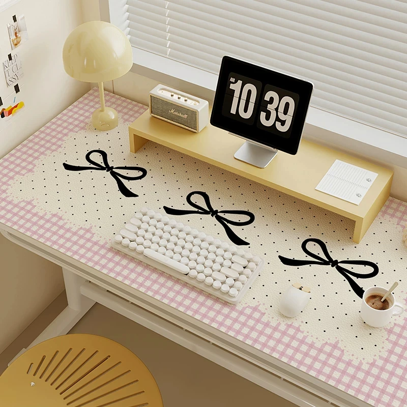Large Leather Desk Pad Protector Polka Dots Plaid Bow Kawaii Mouse Pad Office Desk Mat Waterproof Non-Slip PU Desk Blotter Pad