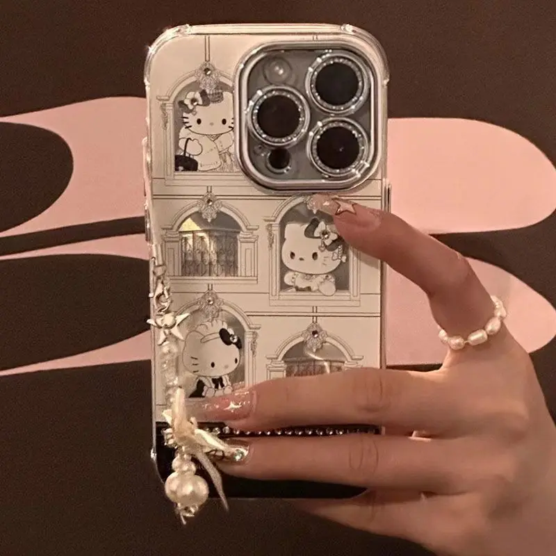 Hello Kitty Black White Window Electroplated Phone Case Cartoon Protective Sleeve Iphone 15 Apple 11/12/13/14 Protective Case