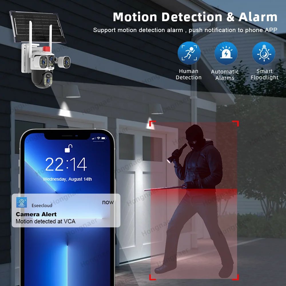 Hongnaer 8MP 4K WiFi/4G لوحة طاقة شمسية لاسلكية تعمل بالطاقة HD PTZ IP CCTV عدسة مزدوجة الأمن 4G بطاقة Sim كاميرا تعمل بالطاقة الشمسية