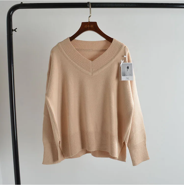 루즈핏 브이넥 긴팔 단색 니트 기본 셔츠 레귤러 핏 가을 겨울 여성 패션 고품질 프리미엄 여성 스웨터