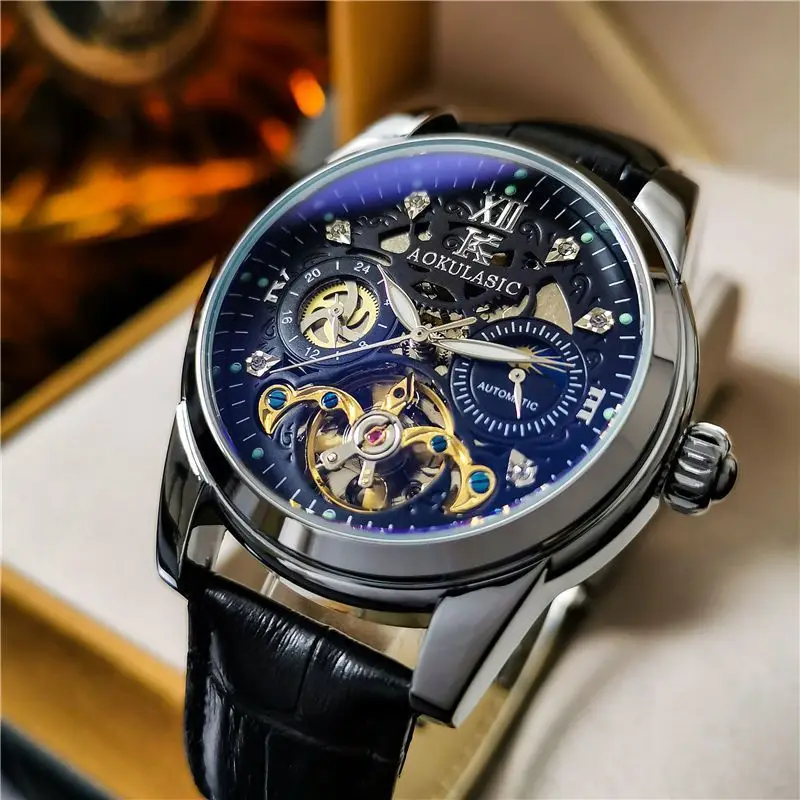 A Large Tourbillon Fully Automatic Mechanical Watch for Men, Featuring Diamonds, High Aesthetic Value, Light Luxury, Fashionable, Business Casual, Versatile, Stylish, Luminous, Moon Phase, Waterproof, and Does Not Require Batteries. the Perfect Gift for Him