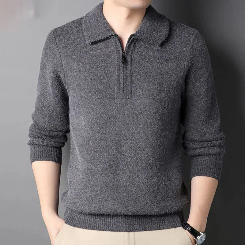 

Cashmere Men Sweater Winter Thicken Warm Bottoming Pullover Sweater Solid Loose Half Zipper Turn-Down Collar Male Casual Sweater