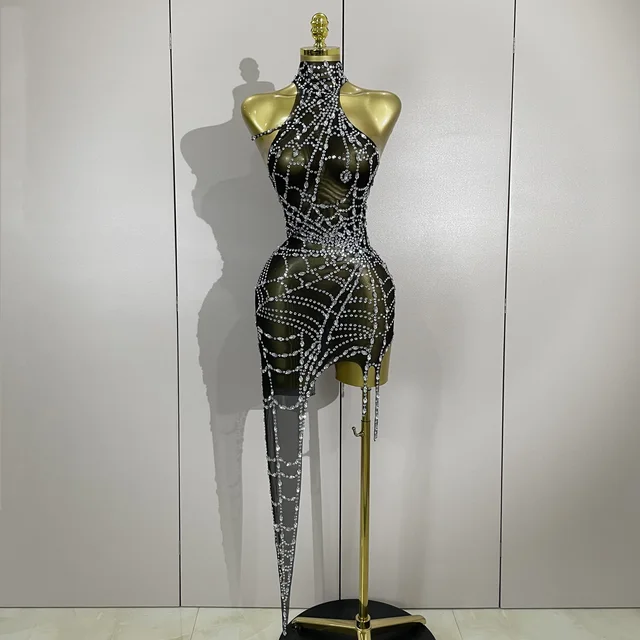 STOCK Sparkly Diamond Sexy Mesh Asymmetric Bodycon Mini Dress Women Nightclub Bar Party Show Gogo Dancer Clothing Stage Costume