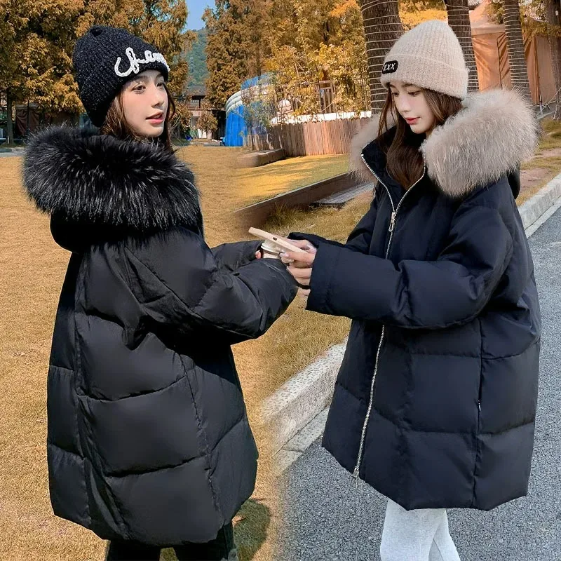 Women Down Coats Raccoon Fur Collar Hooded Winter Windproof Loose Thick Medium-length Models Jackets Overcoat Outwear Warm Tops