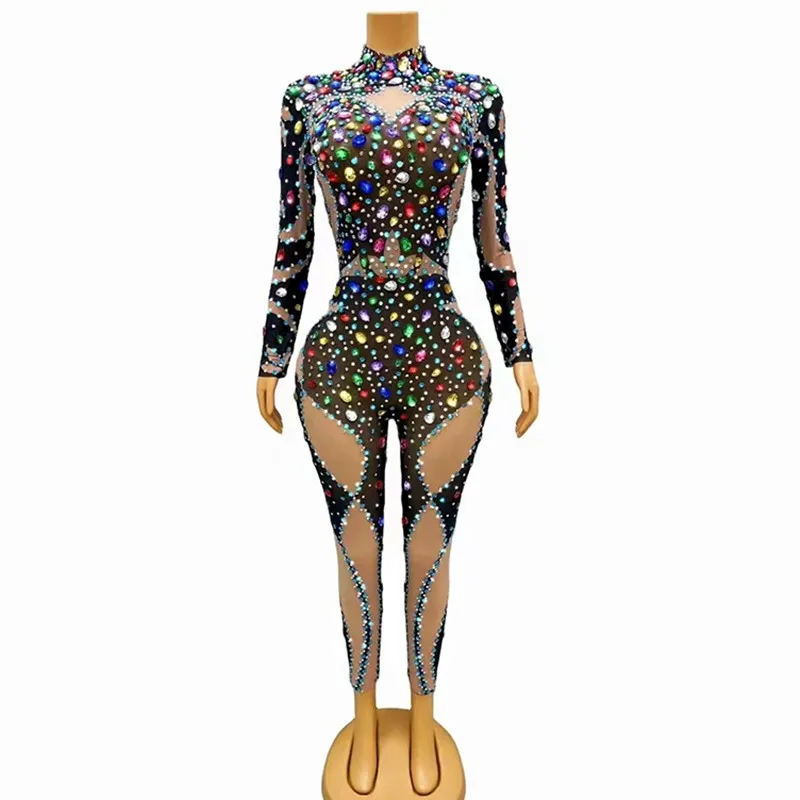 

Colorful Rhinestones Mesh Jumpsuit Sexy Birthday Prom Outfit Nightclub Bar Women Singer Performance Crystal Leotard Stage Wear