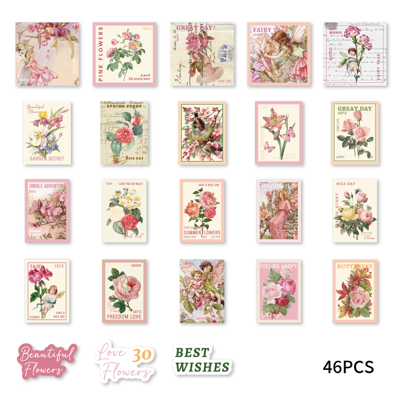 46pcs Rose, Fairy, Bird Vintage Graffiti Stickers Decorated Notebook Water Cup Suitcase Guitar Classic Toy Scrapbook DIY Decal