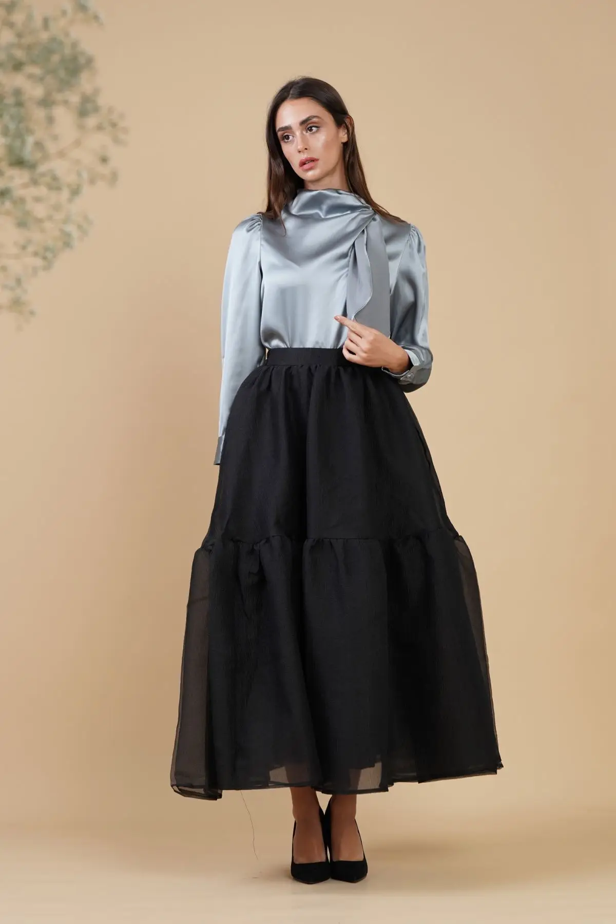 Elegant Basic Black Organza Ankle Length Women Skirts With Bright Line Details A-line Female Organza Skirt