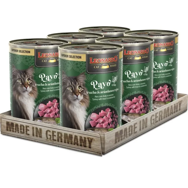 LEONARDO - Comida húmeda para gatos adultos con pavo, trucha y arándanos rojos sin cereales ni azúcares añadidos, 6x200 g o 6x400 g