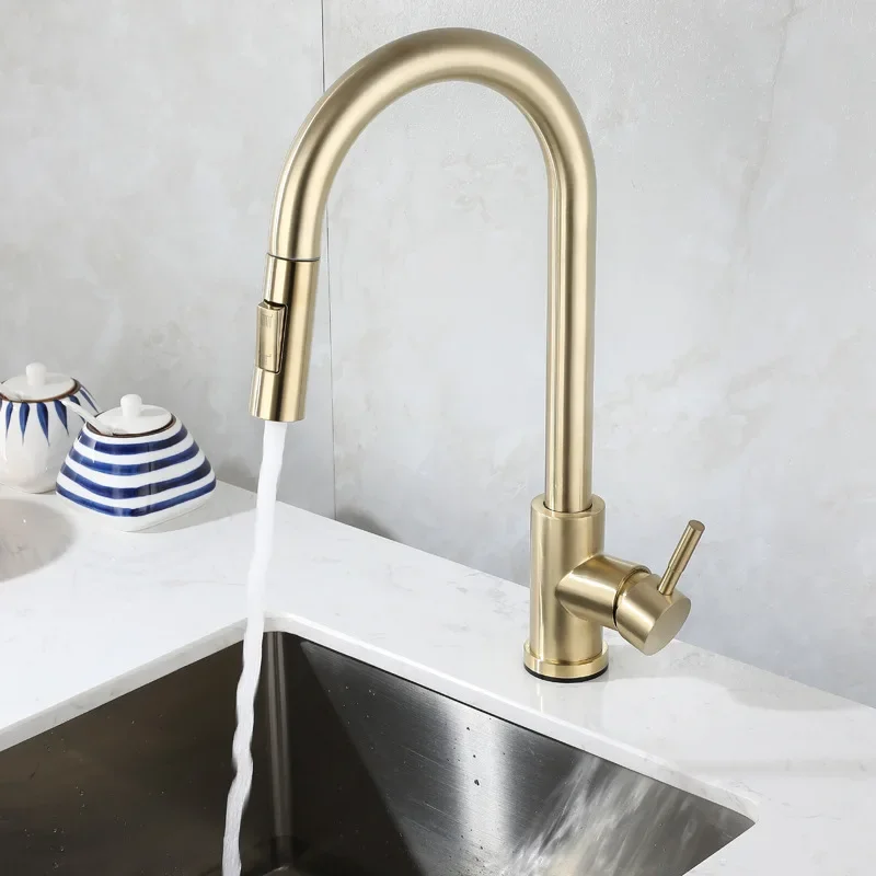 Brushed Gold Kitchen Faucet Pull Out Kitchen Sink Water Tap Single Handle Mixer Tap 360 Rotation Kitchen Shower Faucet