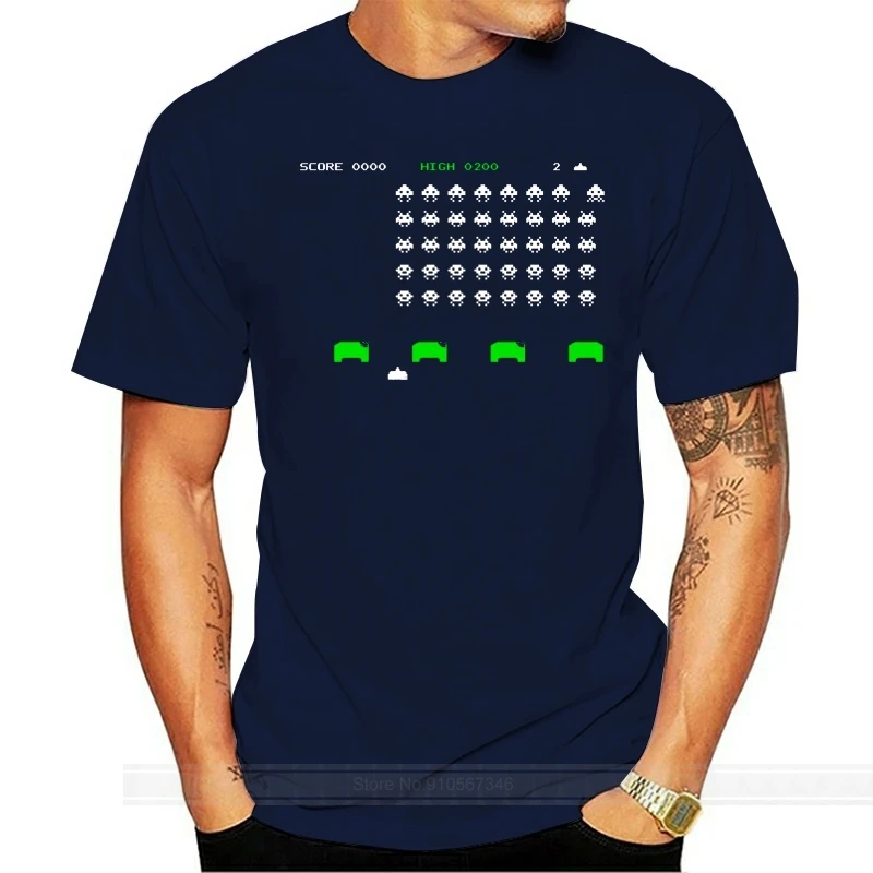 Space Invaders inspiriertes T-Shirt – Retro-Arcade-Spiel-Gaming-T-Shirt für Herren, Sommermode, bedruckt, kurzärmelig, cooles T-Shirt