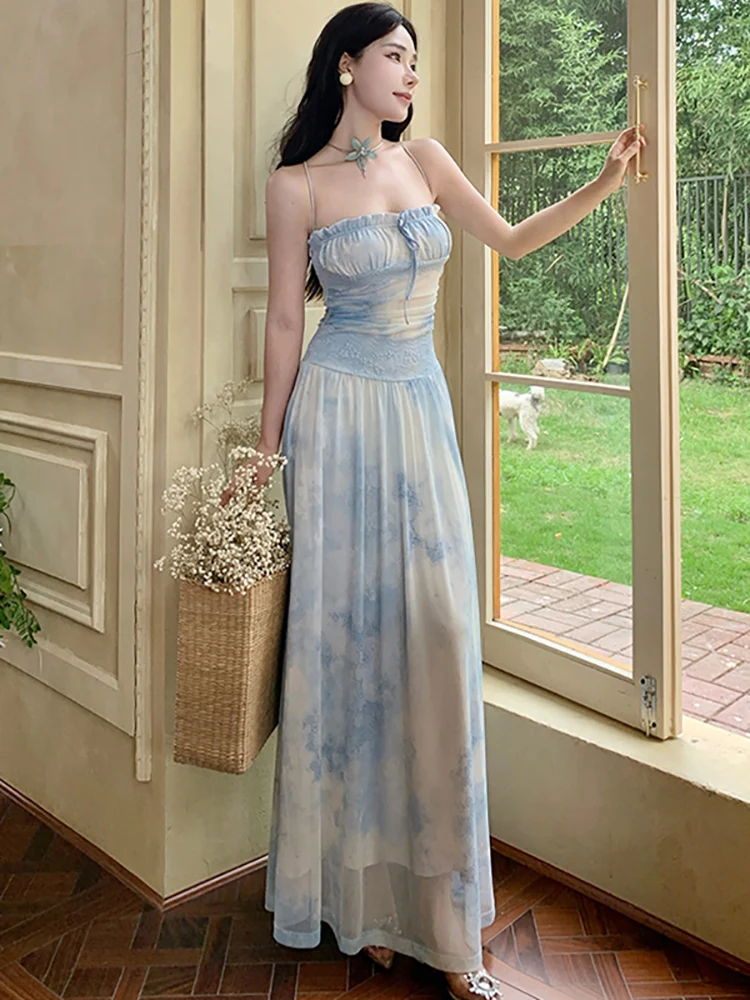 2025 Blue Print Chic Bow Ruffled Sling Sexy Long Dress Women Elegant Casual Beach Style Dress Summer Korean Bodycon Party Dress